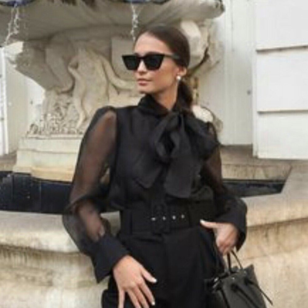 Zara Organza Semi-Sheer Blouse Top w/ Tie Black Color NWT.